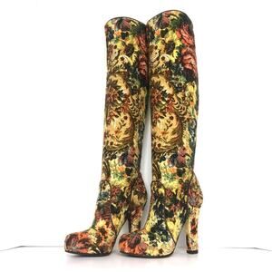 Dolce and Gabbana Floral Print Tapestry Knee High Heeled Pull On Boots 37